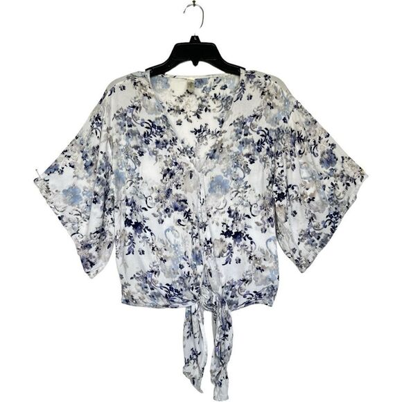 Mahina Womens Tie Front rayon Blouse lightweight floral Sleeve boho Hawaii - Picture 1 of 10